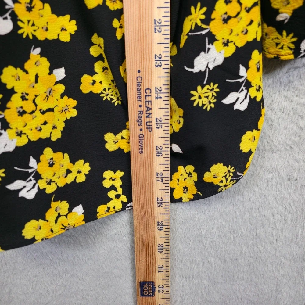 Michael Kors Top Womens L Black Yellow Tie Sleeve Floral Colorful Resort Elegant